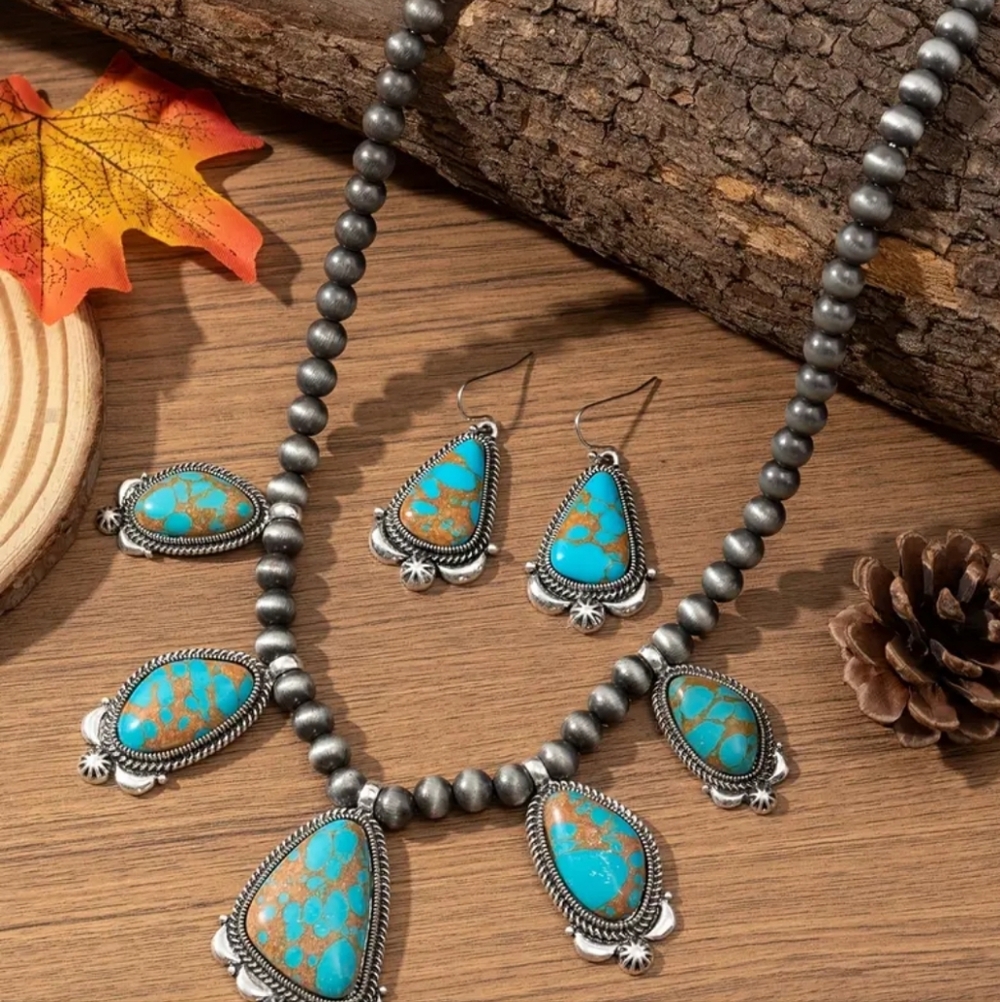 Southwestern Bohemian-style turquoise and silver  necklace & earring Set - Picture 2 of 6